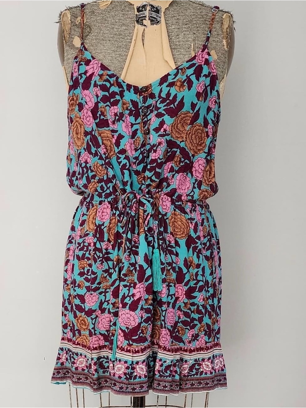 Arnhem Turquoise Floral Mini Dress with Pink & Brown Accents